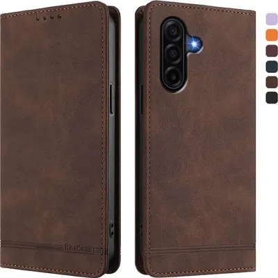 Image de Etui pour Samsung Galaxy A57, étui rétro en cuirPolyuréthaneavec support et fentes pour cartes de crédit Marron