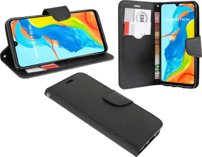 Produktbild von cofi1453® Buch Tasche "Fancy" kompatibel mit HUAWEI P30 LITE Handy Hülle Etui Brieftasche Schutzhülle mit Standfunktion, Kartenfach Schwarz