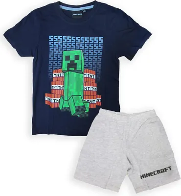 Produktbild von Fashion UK Minecraft Pyjama für den Sommer, Frühling, Modell TNT Creeper T-Shirt Blau Grau Baumwolle Offizielles Produkt für Kinder (12 Jahre - 152 cm)
