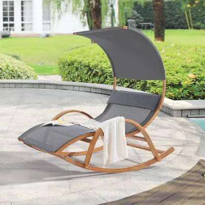 Zdjęcie produktu dla Leżak bujany Kasos 181 x 135 x 190 cm Leżak z daszkiem przeciwsłonecznym Fotel bujany z poduszką i podłokietnikami Leżak ogrodowy Drewno modrzewiowe Poliester Ciemnoszary