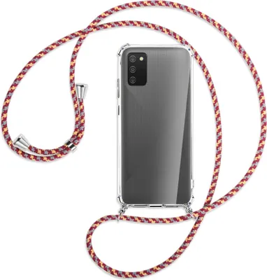 Produktbild von Handykette Backcover-Schutzhülle mit Band (Metall silberfarben) für Samsung Galaxy A02s - weinrot/gelb/grau