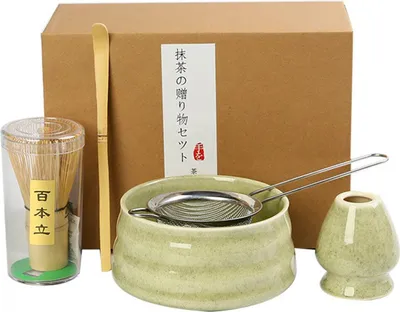Produktbild von Matcha Tee Set 5-teilig, Japanisches Teezeremonienset, Matcha Schale, Bambusbesen, Löffel, Sieb, Anfänger