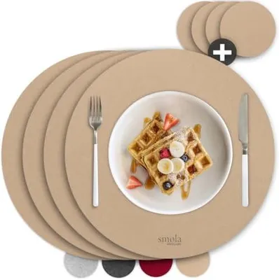 Produktbild von 8-teiliges Premium Filz Tischset - Rund inkl. Untersetzer I Platzset Abwaschbar Beige I Platzset Abwischbar Platzdeckchen Set mit Filzuntersetzer für Teller Gläser I Tischdeko Frühling Sandbeige