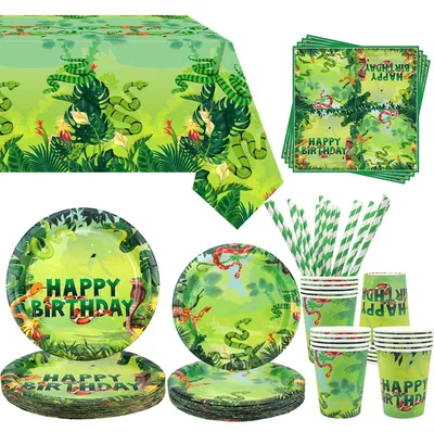 Immagine prodotto di Set di decorazioni per compleanno a tema serpente: piatti, bicchieri, tovaglioli e tovaglia