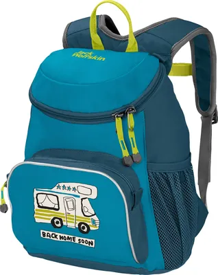 A children's backpack with a camper van design.