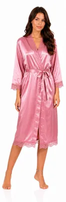 Obrázek produktu pro Dámský saténový župan s dlouhou délkou a krajkou – kimono župan vyrobené ze 100% polyesteru, měkký a lesklý, barva starorůžová, velikost XL
