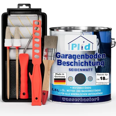 Produktbild von Plid Garagenbodenbeschichtung Set 2,5L Anthrazit – ca. 18m² / Betonbodenfarbe & Versiegelung – mit Anstreichset, robust & widerstandsfähig