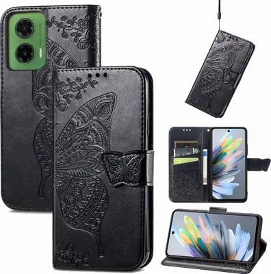 Obrázok produktu pre Pre Motorola Moto G35 Leatherette Wallet Mobile Phone Case Butterfly Design Cover Case Black