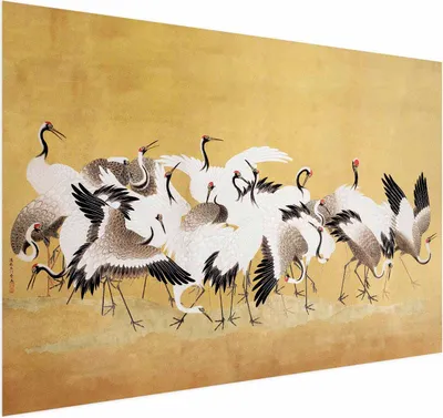 Produktbild von Posterpapier Poster - Japanese Cranes - a flock of birds against a golden background based on the painting of Ishida Yūtei 60x40 cm Tiere b-G-10012-ao-a