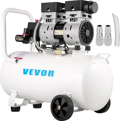 A white VEVOR brand air compressor with two motors, wheels, and accessories is shown against a white background.