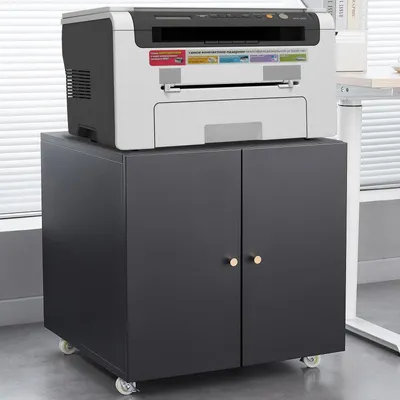 Zdjęcie produktu dla Metalowy stojak na drukarkę z kółkami Mobilna szafka na drukarkę z drzwiami i regulowaną półką Szafka na dokumenty do domowego biura 60 x 60 x 60 cm Czarna