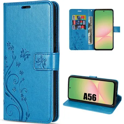 Image de Coque pour Samsung Galaxy A56 5G, Protection Rabat Anti-Rayures Synthécuir Motif Papillon Fleur Bleu