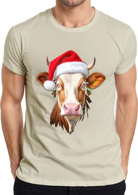 Produktbild von Weihnachtskuh Nikolausmütze Bauernhof Geschenk niedlich lustig Herren T-Shirt, Natur, S
