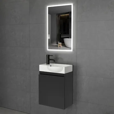Produktbild von Alpenberger Waschbecken mit Unterschrank Gäste WC 45 cm LED Spiegel Kleiner Waschtisch mit Unterschrank hängend & LED Spiegel 45x70 cm Touch: Keramik, MDF, Soft-Close Tür, Überlauf – Gäste WC