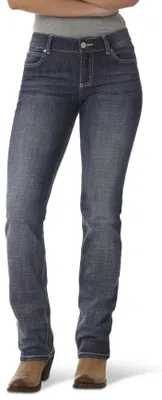 Image de Jean coupe droite, taille moyenne, stretch, pour femmes, marque Wrangler, couleur bleu indigo foncé