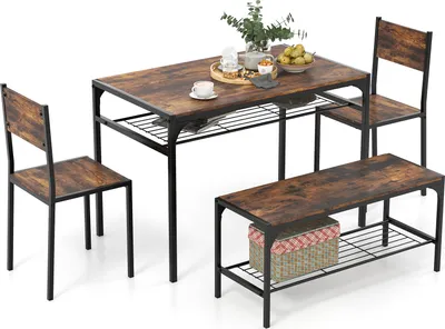 A dining set with a table, two chairs, and a bench, all with a rustic wood finish and black metal frames, is displayed against a white background.
