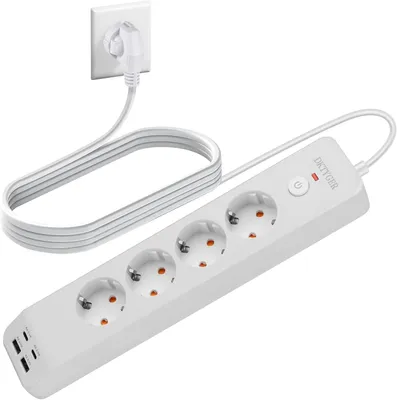 Imagen del producto de Regleta con 4 puertos USB – Montaje en pared con interruptor – Regleta múltiple de 4 enchufes – Protección contra sobretensiones