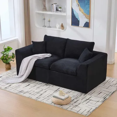 Obrázek produktu pro AIORBER Moderní dvoumístná pohovka z manšestru Minimalistická látková pohovka s polštáři Pohodlná pohovka do obývacího pokoje Severský design Dvoumístná pohovka do obývacího pokoje Černá