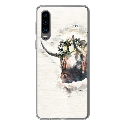 Produktbild von MuchoWow® Handyhülle Schutzhülle Hülle für Huawei P30 Schottischer Highlander - Rauch - Blumen Silikon Softcase Handy Hülle - Kartenbesitzer
