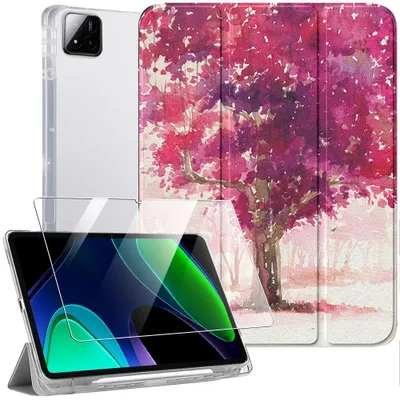 Image de Coque + Verre Trempé pour Xiaomi Pad 6 /6 Pro, Etui Housse Antichoc avec Porte-Stylet - Motif Arbre