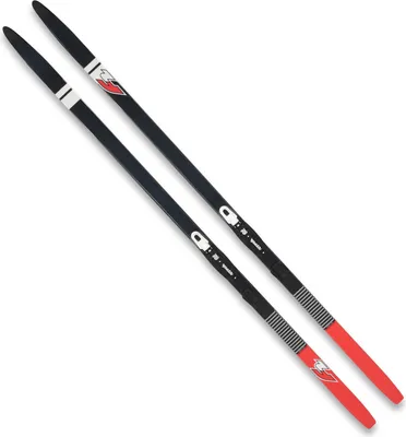 A pair of black ski poles with red grips and white accents, laid out diagonally on a white background.