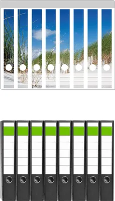 Produktbild von Wallario 8 Stück schmale Ordner inkl. Klebeetiketten mit Motive Düne am Strand unter blauem Himmel -  Set mit Rückenschildern / Ordnerrücken Stickern