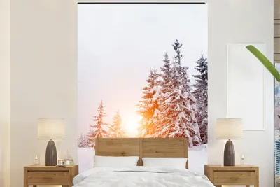 Produktbild von MuchoWow® Fototapete für Wohnzimmer oder Schlafzimmer Wandtapete Vinyl Motivtapete Sonne - Bäume - Schnee - 160x240 cm - Vinyltapete