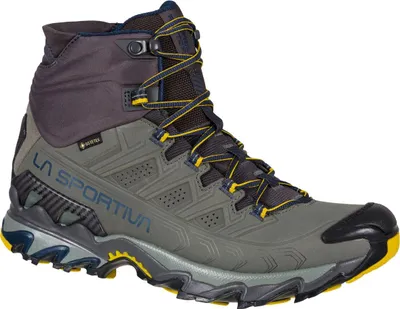 Herren-Wanderschuh "Ultra Raptor II Mid Leather GTX" von La Sportiva in Grau mit gelben Akzenten und Schnürung.