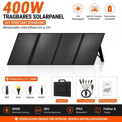 Produktbild von 400W Solarpanel Faltbar 36V Monokristallin, Tragbares Solarmodul für Powerstation, Solargenerator, Camping, Wohnmobil & Boot