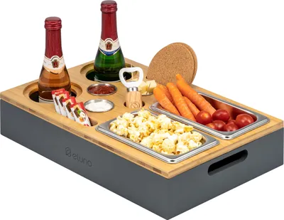 Produktbild von eluno Couchbar, Serviertablett, Sofatablett aus Bambus mit Edelstahl Snackschalen inklusive Getränkehalter, grau