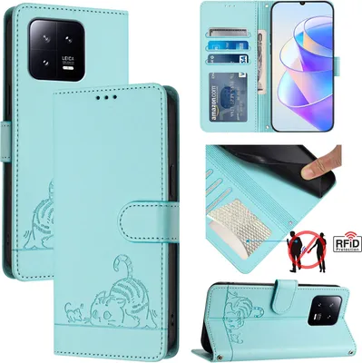 Produktbild von Leder Hülle für Xiaomi 13 Süße Katze Flip Case Brieftasche Schutzhülle mit Standfunktion hellgrün
