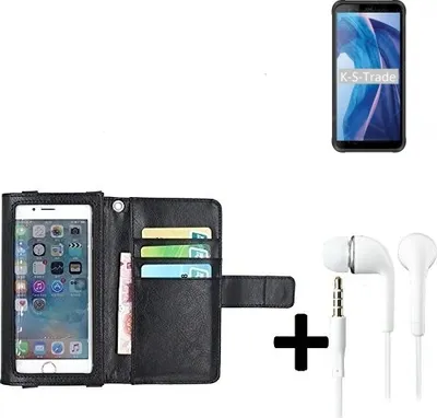 Produktbild von K-S-Trade Handyhülle + Kopfhörer kompatibel mit Blackview BV6300 Schutzhülle Case mit Displayschutz / Schutzfolie schwarz + Kopfhörer Flip Cover