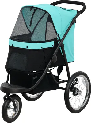 Zdjęcie produktu dla Wózek dla psa Jogger Wózek dla psa składany dla małych psów i kotów do 10 kg Wózek dla kota z 3 dużymi gumowymi kołami, wyściełanymi oknami z siatki kosz do przechowywania Wózek dla kota z linkami zabezpieczającymi, turkusowy |
