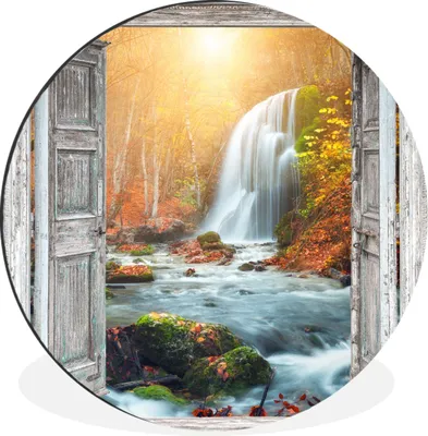 Produktbild von MuchoWow® Aluminium Wandkreis Wasserfall - Aussicht - Landschaft Ø 90 cm Wanddeko Modern Wohnzimmer - Mauerkreis - Wandbilder - Runde Bild - Bild aus Aluminium - Schlafzimmer - Wohnzimmerdekoration - Wand Dekoration