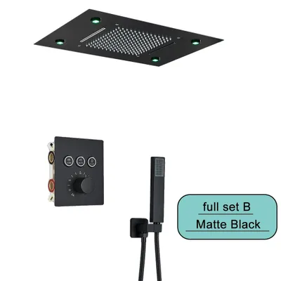 Immagine prodotto di Set di rubinetti per doccia, sistema a pioggia e cascata con LED a soffitto, telecomando, set completo nero B