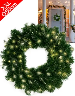 Produktbild von Hochwertiger Türkranz mit Beleuchtung Ø50cm - 720 LEDs - Klassischer Türkranz Beleuchtet - Adventskranz, Weihnachtskranz, Hängekranz - Innen&Außen