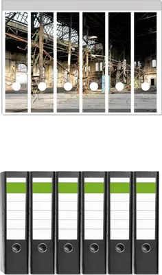 Produktbild von Wallario 6 Stück breite Ordner inkl. Klebeetiketten mit Motive Verlassene Industriehalle - Alte Fabrik -  Set mit Rückenschildern / Ordnerrücken Stickern