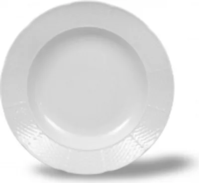 A white porcelain plate shown from a top-down diagonal angle.