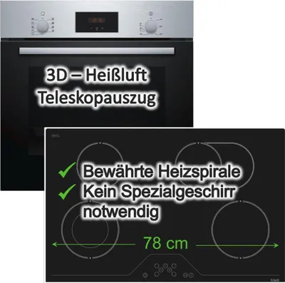 Produktbild von Bosch Herdset Teleskopauszug 3D-Heißluft Versenkknebel + 78 cm Glaskeramik Kochfeld Bräterzone