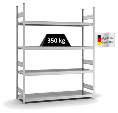 Produktbild von PROREGAL Weitspannregal Stecksystem MAGNUS Germany | HxBxT 250x200x50cm | 4 Ebenen | Stahlplatten-Fachboden | Fachlast 350kg | Verzinkt