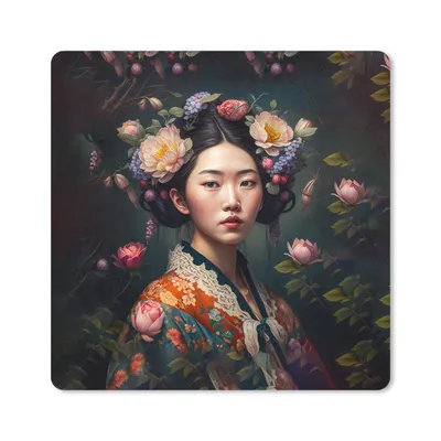 Produktbild von MuchoWow® Mauspad Mousepad Frau - Blumen - Kimono - Porträt - Asiatisch 20x20 cm - Mousepads - Maus Mat - Pad - Mausunterlage - Desk Mat - Bureauartikeln