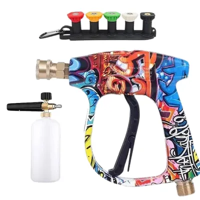 Obrázek produktu pro Sada vysokotlaké pistole 21 × 19 cm s 5 stříkacími tryskami a 1l lahví na mýdlo, krátká vysokotlaká pistole – WASHGUN