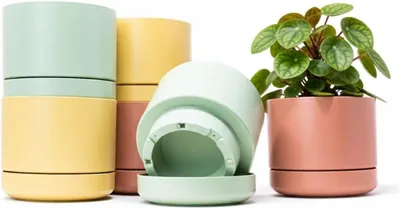 Productafbeelding van Bloempot Binnen en Buiten - Set 6 Stuks Plantenpot 14 cm - Bloempot met schotel - Plant pots van sterk kunststof – Moderne flower (6 x Pastel 14cm)