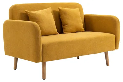 Produktbild von 2-Sitzer Sofa Loveseat kleines Polstersofa mit Wurfkissen Samtoptik Gummiholz-Beine verstellbare Fußstützen Gelb 130 x 70 x 80 cm