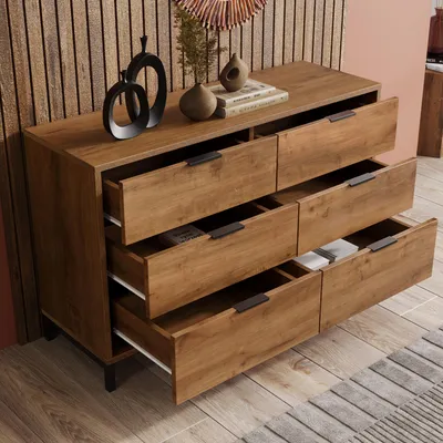 Produktbild von MODFU Kommode 120 x 40 x 76 cm, Aufbewahrungsschrank, Sideboard mit 6 Schubladen, dekorativer Schrank für Schlafzimmer und Wohnzimmer, dunkle Eiche