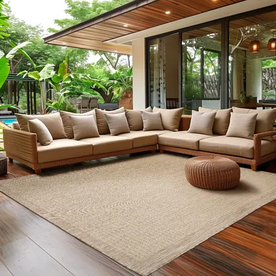Produktbild von Outdoor Teppich Wetterfest Terrasse Balkon Garten Küchenteppich Flachgewebe Sisal Look Waschbarer Teppich, Beige Größe: 200 x 290 cm