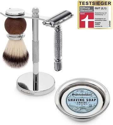 Produktbild von Störtebekker® Rasierständer Set - mit Rasierhobel, Rasierpinsel, Rasierschale und Rasierseife (Crusoe) - Rasierset / Bartpflege Set -Geschenkidee