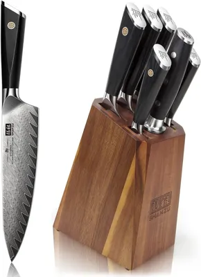Imagen del producto de Bloque de cuchillos de acero damasco SHAN ZU, con cuchillos, juego de 7 piezas para cocina