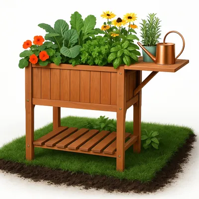 Produktbild von Hochbeet aus Holz mit Ablage - 102,5 x 50 x 80cm I Balkon Pflanzkasten für Gemüse, Kräuter & Blumen I Anzuchtbeet als Gemüsebeet / Kräuterbeet