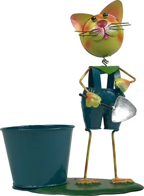 Produktbild von Lustige Pflanzfigur Katze,  Metallfigur zum Bepflanzen, Dekofigur mit Pflanzkübel (bepflanzbar)